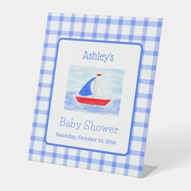 Watercolor Sailboat Blue Check Baby Shower Pedestal Sign (Front)