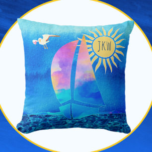 Watercolor Sailboat Blue Sky Sparkling Water Cushion