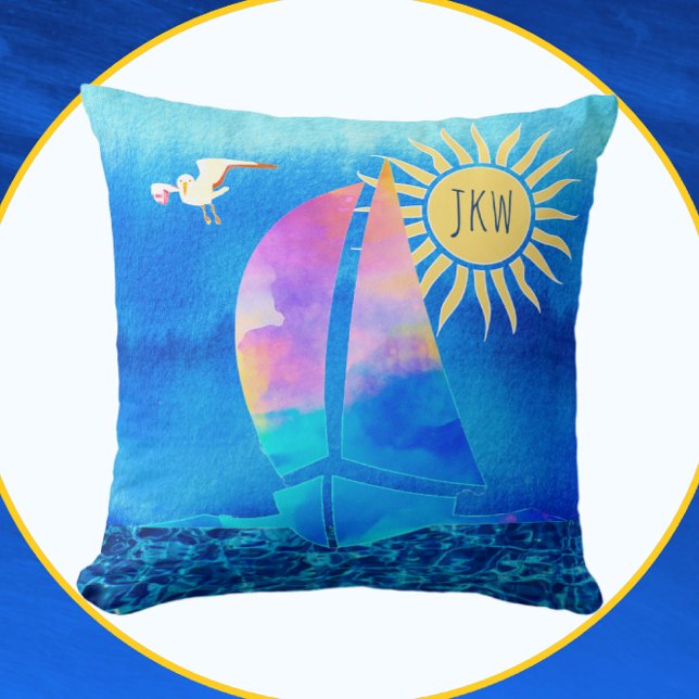 Watercolor Sailboat Blue Sky Sparkling Water Cushion (Creator Uploaded)
