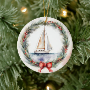 Watercolor Sailboat In a Christmas Wreath Ceramic Ornament