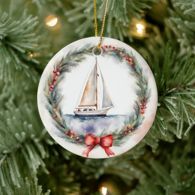 Watercolor Sailboat In a Christmas Wreath Ceramic Ornament (Tree)