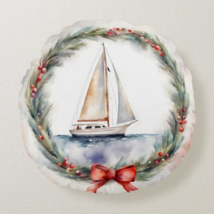 Watercolor Sailboat In Christmas Wreath Round Cushion