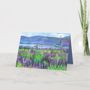 Watercolor Sailboat Lupines Happy Birthday Card