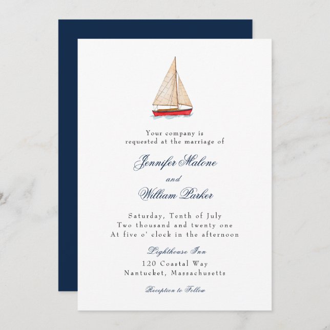 Watercolor Sailboat Nautical wedding invitation (Front/Back)