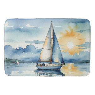 Watercolor Sailboat On a Lake At Sunset Bath Mat