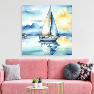 Watercolor Sailboat On a Lake At Sunset Canvas Print
