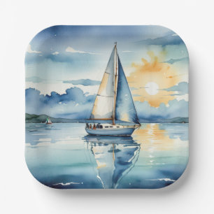 Watercolor Sailboat On a Lake At Sunset Paper Plate