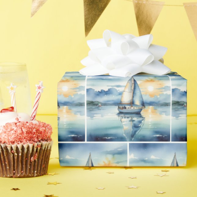 Watercolor Sailboat On a Lake At Sunset Wrapping Paper (Birthday Party)