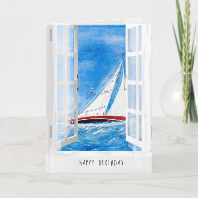 watercolor sailboat on high seas in window view card (Front)