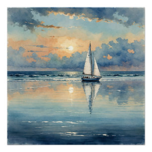 Watercolor Sailboat On Ocean Painting Poster