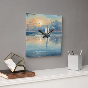 Watercolor Sailboat On Ocean Painting Square Wall Clock