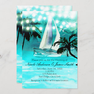 Watercolor Sailboat Palm Trees & String Lights Invitation