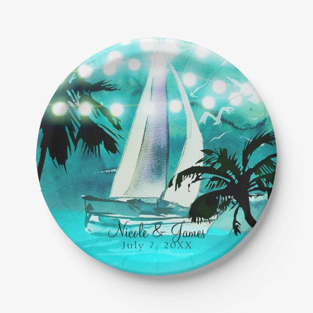 Watercolor Sailboat Palm Trees & String Lights Paper Plate (Front)