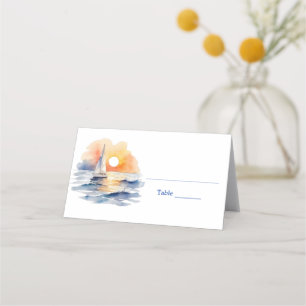 Watercolor Sailboat Sunset Seascape Wedding Place Card