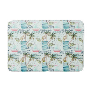 Watercolor Sailboat with Palm Tree Pattern Bath Mat