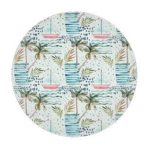 Watercolor Sailboat with Palm Tree Pattern Cutting Board
