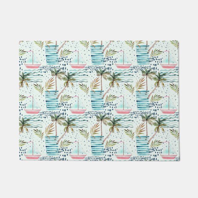Watercolor Sailboat with Palm Tree Pattern Doormat (Front)