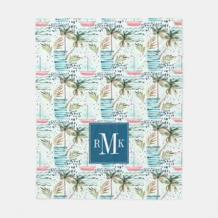Watercolor Sailboat with Palm Tree Pattern Fleece Blanket