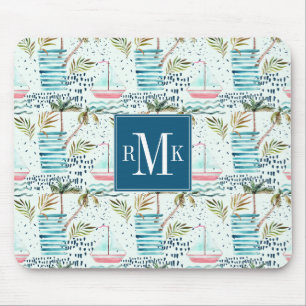 Watercolor Sailboat with Palm Tree Pattern Mouse Pad
