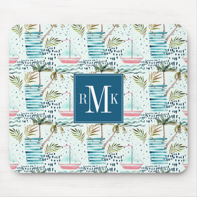 Watercolor Sailboat with Palm Tree Pattern Mouse Pad (Front)