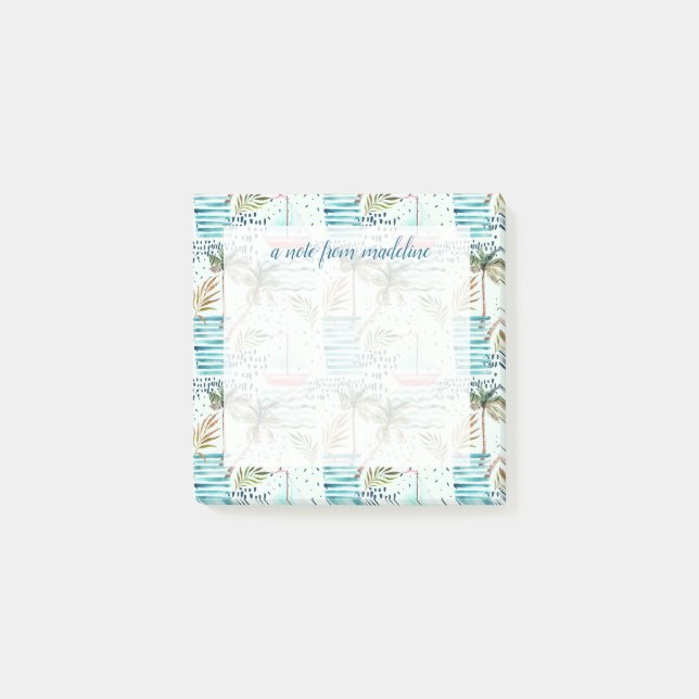 Watercolor Sailboat with Palm Tree Pattern Post-it Notes (Front)