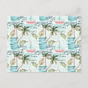 Watercolor Sailboat with Palm Tree Pattern Postcard