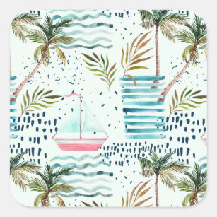 Watercolor Sailboat with Palm Tree Pattern Square Sticker