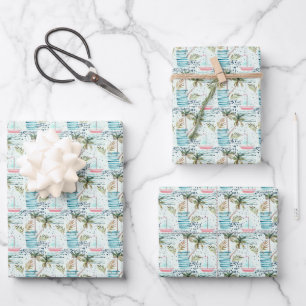 Watercolor Sailboat with Palm Tree Pattern Wrapping Paper Sheet