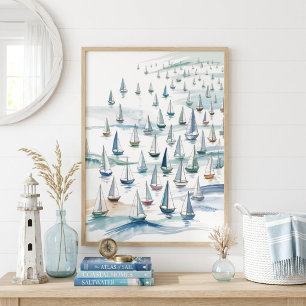 Watercolor Sailboats at Sea Nautical Art Poster