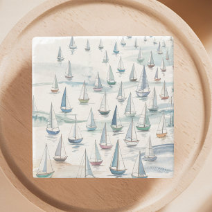Watercolor Sailboats at Sea Nautical Stone Coaster