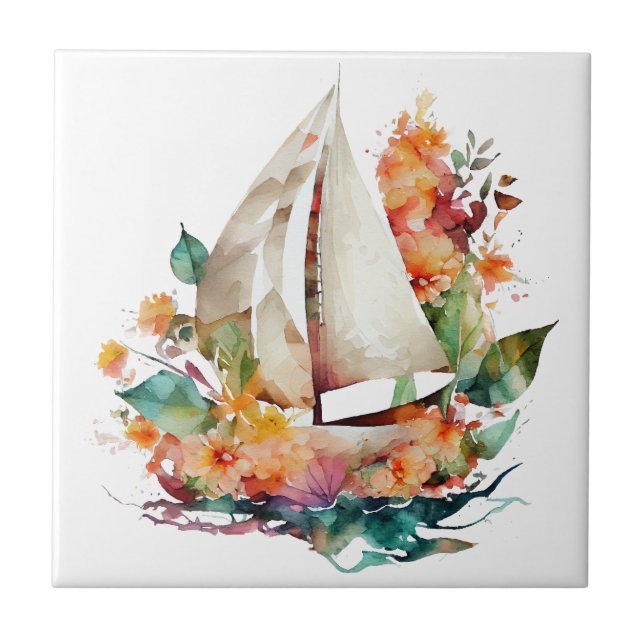 Watercolor Sailboats Ceramic Tile (Front)