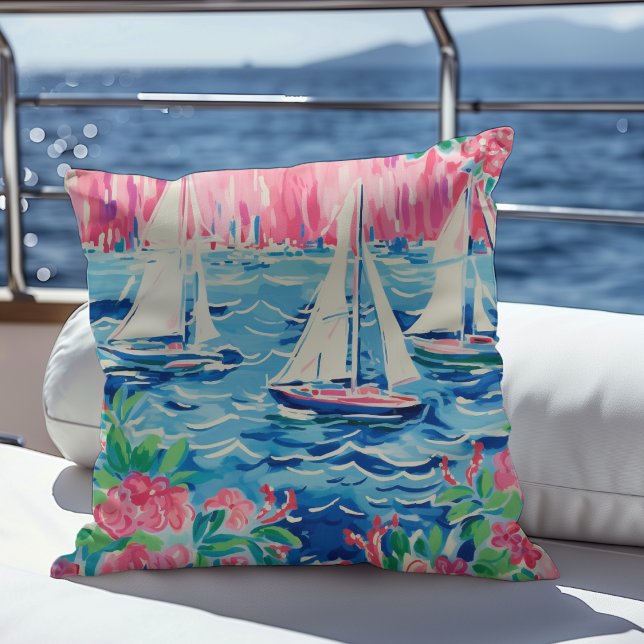Watercolor Sailboats Pink Floral Preppy Coastal Cushion (Creator Uploaded)