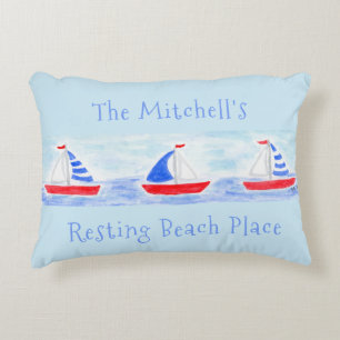 Watercolor Sailboats Resting Beach Place Decorative Cushion