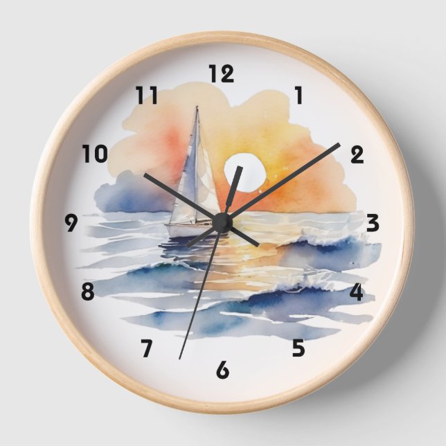 Watercolor Sailing Sailboat Nautical Sunset Ocean Clock (Front)