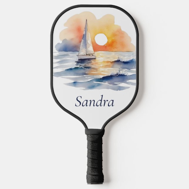 Watercolor Sailing Sailboat Nautical Sunset Ocean Pickleball Paddle (Front)