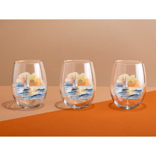 Watercolor Sailing Sailboat Nautical Sunset Ocean Stemless Wine Glass