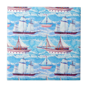 Watercolor Sailing Ships Pattern Ceramic Tile