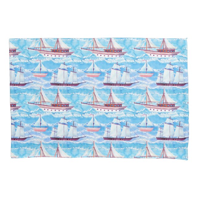 Watercolor Sailing Ships Pattern Pillowcase (Front-Left)