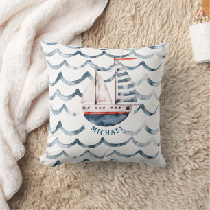 Watercolor Sailor Red And Blue Monogram Cushion