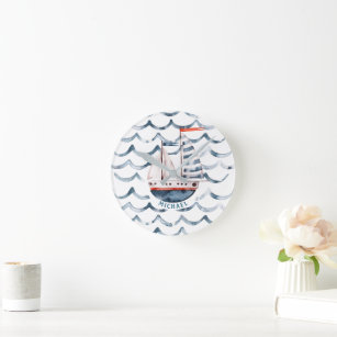 Watercolor Sailor Red And Blue Monogram Round Clock