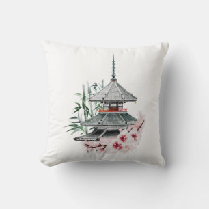 Watercolor Sakura Blossom Bamboo Japanese Temple Cushion
