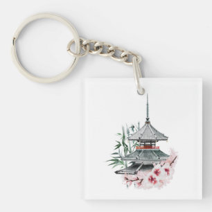 Watercolor Sakura Blossom Bamboo Japanese Temple Key Ring