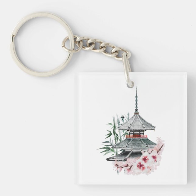 Watercolor Sakura Blossom Bamboo Japanese Temple Key Ring (Front)