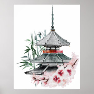 Watercolor Sakura Blossom Bamboo Japanese Temple Poster