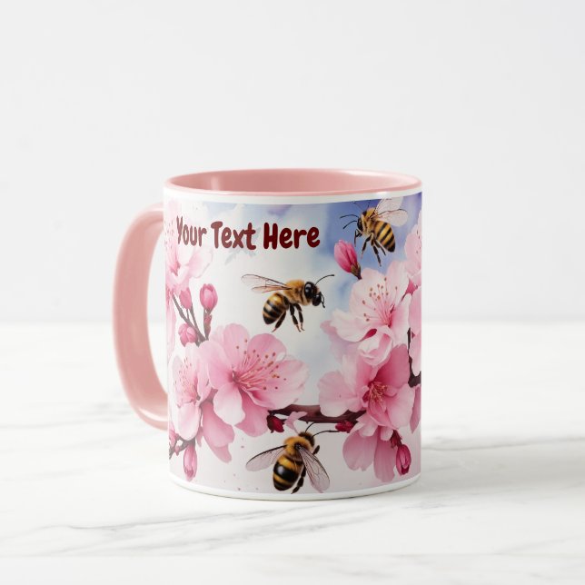 Watercolor Sakura Cherry Blossom with Bees Mug (Front Left)