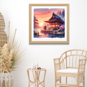 Watercolor Sakura Japanese Temple in Sunset Poster