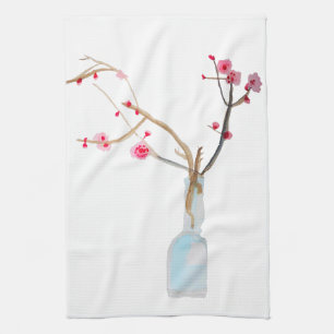 Watercolor sakura pink cherry blossom tea towel
