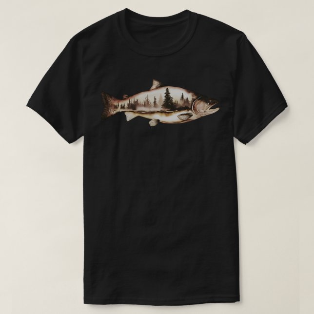 Watercolor Salmon With Forest TShirt (Design Front)