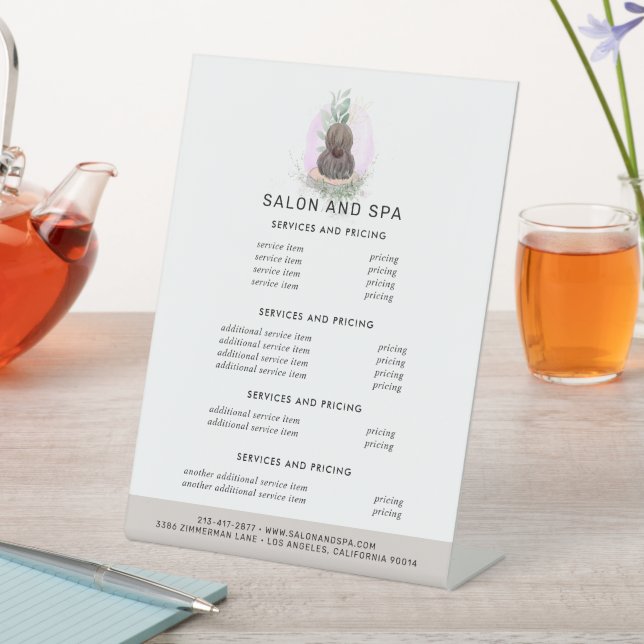 Watercolor Salon | Menu Price List Pedestal Sign (In SItu)