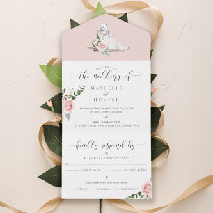 Watercolor Samoyed Dog & Floral Pink Rose Flowers All In One Invitation